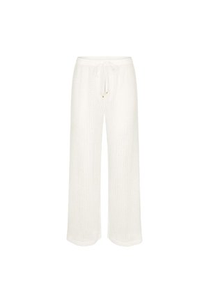 Pantalon large en maille blanche avec taille à cordon et motif texturé, présenté sur un fond blanc uni.