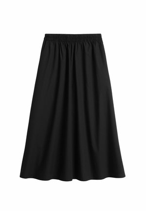 Czarna spódnica o kroju A wykonana z lekkiego materiału, z elastycznym pasem i gładką, płynną sylwetką. Bez dodatkowych wzorów.