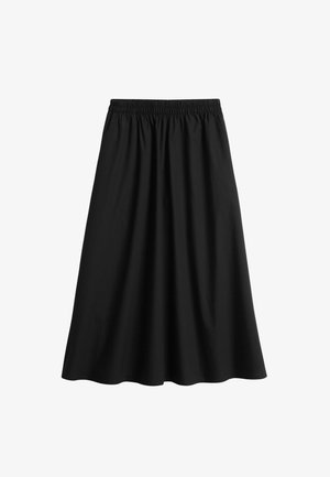 Czarna spódnica o kroju A wykonana z lekkiego materiału, z elastycznym pasem i gładką, płynną sylwetką. Bez dodatkowych wzorów.