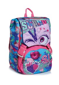 Zaino colorato per bambini con un design blu e rosa, motivi a occhi e stelle, una tasca frontale con una grafica di fragole e dettagli rosa.