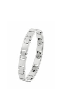 Pulsera de metal plateado con eslabones rectangulares entrelazados; textura suave y acabado pulido; cuenta con un cierre para un ajuste seguro.