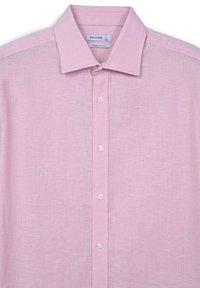 Hellrosa Leinenhemd mit Button-Down-Kragen, Regular Fit und fünf weißen Knöpfen entlang der Vorderseite. Etiketten zeigen Größe L und "Regular Fit" an.