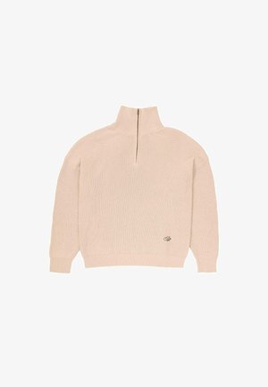 Pull en tricot côtelé beige avec des manches longues, un col montant zippé quart et un petit logo brodé près de l'ourlet.