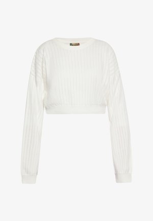 Pull blanc court avec texture côtelée, manches longues et encolure arrondie. Présente des motifs de tricot horizontaux et verticaux.