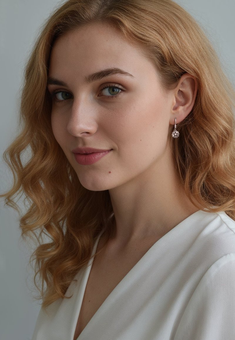 Silverfärgade ringörhängen med en texturerad sfärisk hänge, båda bärs av en person med vågigt, blont hår och en topp i neutrala färger.