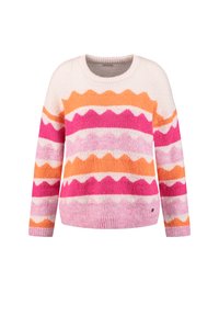 Strickpullover in pastellfarbenen Tönen von Rosa, Orange und Weiß mit einem Zickzackmuster. Mit Rundhalsausschnitt und gerippten Bündchen.