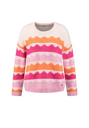 Maglione in maglia in tonalità pastello di rosa, arancione e bianco con un motivo a zigzag. Presenta un collo rotondo e polsini a costine.
