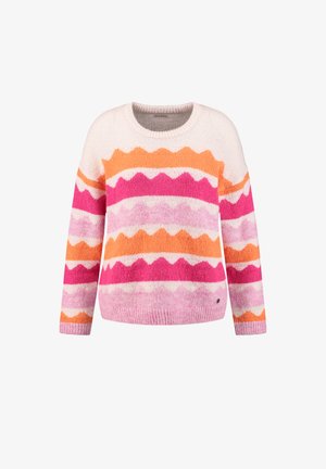 Maglione in maglia in tonalità pastello di rosa, arancione e bianco con un motivo a zigzag. Presenta un collo rotondo e polsini a costine.