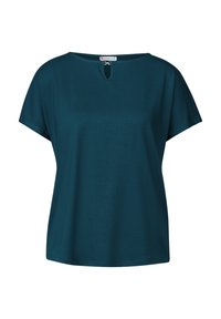 Teal kortebloemige top met een ronde hals en een klein keyhole-detail, met een relaxte pasvorm, gemaakt van glad materiaal.