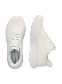 White athletic shoes with a mesh upper, textured detailing, and a thick rubber sole. Laces and logo visible on the tongue.