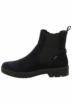 Stivale alla caviglia in suede blu scuro con pannelli laterali elasticizzati, punta rotonda e suola in gomma nera. Presenta una linguetta sul tallone.