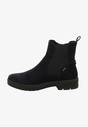 Dunkelblaue Wildleder-Ankle Boots mit elastischen Seitenpaneelen, runder Zehenpartie und schwarzer Gummisohle. Mit einer Ziehlasche an der Ferse.