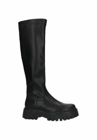 Zwarte kniehoge laarzen van soepel leer. Stevige rubberen zool met opvallend profiel. Minimalistisch ontwerp zonder zichtbare hardware of accenten.