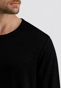 Ein bärtiger Mann trägt einen schwarzen Rundhalsausschnitt-Pullover, der so zugeschnitten ist, dass die linke Seite seines Gesichts, seines Halses und seines Oberkörpers vor einem schlichten Hintergrund zu sehen ist.