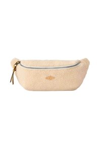 Beige fleece pungtaske med en glat lynlås, læderdetalje og afrundede kanter for et kompakt og blødt design.
