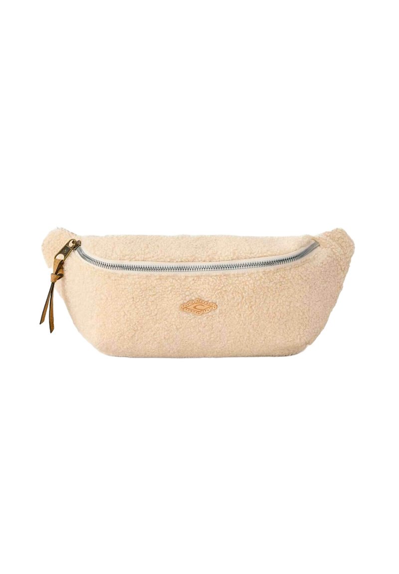Beige fleece pungtaske med en glat lynlås, læderdetalje og afrundede kanter for et kompakt og blødt design.