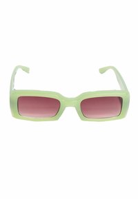 Vihreät muoviset suorakulmion muotoiset aurinkolasit, joissa on vaaleanpunaiset gradienttilinssit, paksu kehys ja suorat varret. Ei koristeellisia yksityiskohtia.