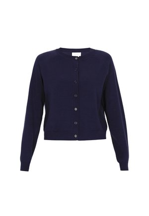 Navy blauw cardigan met lange mouwen, ronde hals en een knoopsluiting aan de voorkant. De gebreide stof heeft ribbelmanchetten en een ribbelzoom.