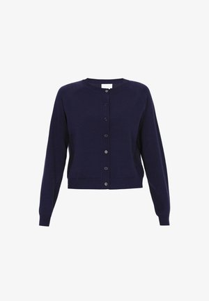 Mørkeblå cardigan med lange ærmer, rund halsudskæring og knaplukning foran. Strikket stof med ribbede manchetter og kant.