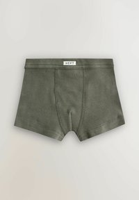 Boxeri pentru bărbați din bumbac ribbed de culoare verde măsliniu, cu un etichetă albă "NEXT" în centrul taliei.