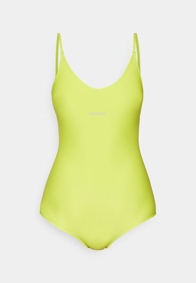Neon yellow swimsuit with thin shoulder straps, a scoop neck, and smooth texture; logo printed in the center. Simple, minimalistic design.