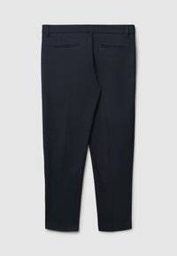 Marineblaue Hose mit glatter Textur, maßgeschneidertem Design, zwei Gesäßtaschen und tailliertem Bund, mit einem klaren, geraden Bein.