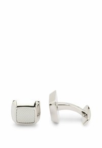 Silver cufflinks with a squared design, featuring a textured grid pattern on one side and a polished metallic finish on the other.