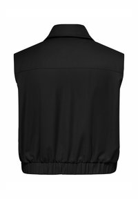 Zwarte mouwloze vest met kraag en elastische tailleband, van achteren getoond op een witte achtergrond.