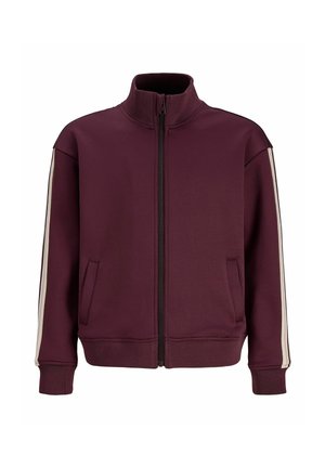 Veste bordeaux zippée avec col haut, deux poches avant, poignets et ourlet côtelés, et des rayures claires le long des manches.