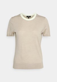 T-shirt beige à manches courtes avec un col ras du cou contrastant vert clair. Confectionné en tissu léger et texturé, avec une coupe ajustée.