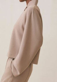 Przycięty beżowy sweter z wysokim kołnierzem, wykonany z miękkiej, teksturowanej tkaniny, z luźnymi, szerokimi rękawami. Szew przy dolnej krawędzi.