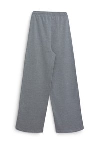 Graue, weit geschnittene Hosen aus weichem Stoff mit einem elastischen Bund. Verfügt über eine glatte Textur und eine lange, gerade Silhouette.