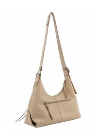 Sac à main en cuir beige avec une forme incurvée, une bandoulière ajustable et une poche zippée à l'avant. Présente une texture lisse et un design minimaliste.