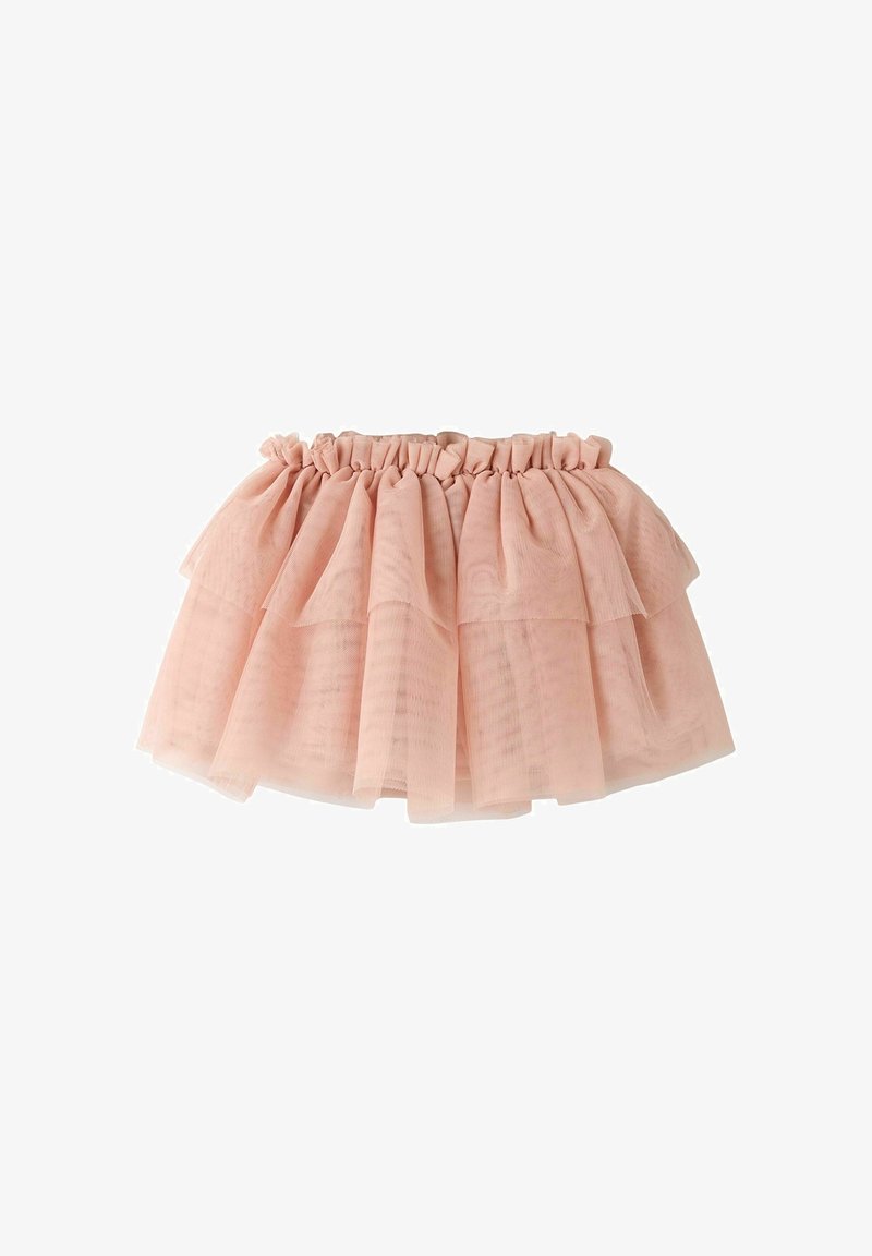 Jupe en tulle superposée rose clair avec une taille élastique froncée, conçue pour un look duveteux et volumineux.
