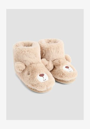 Bruine, harige slippers ontworpen als berengezichten, met een zachte textuur, ronde oren en gestikte accenten op de zolen.
