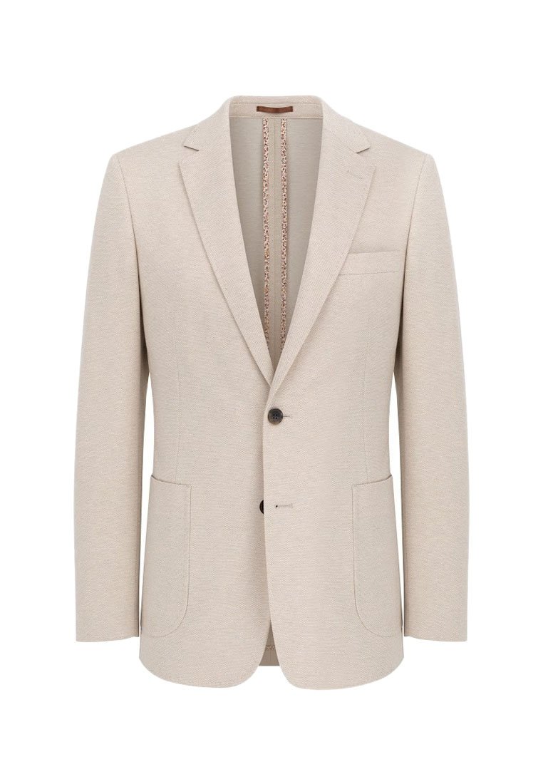 Beżowa marynarka wykonana z teksturowanej tkaniny, z pojedynczym zapięciem na guzik, wyłogami w kształcie litery "notch", dwoma przednimi kieszeniami oraz wzorzystą podszewką.