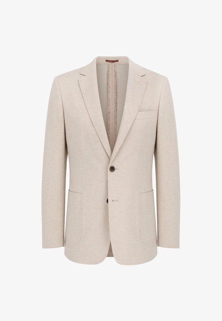 Beżowa marynarka wykonana z teksturowanej tkaniny, z pojedynczym zapięciem na guzik, wyłogami w kształcie litery "notch", dwoma przednimi kieszeniami oraz wzorzystą podszewką.