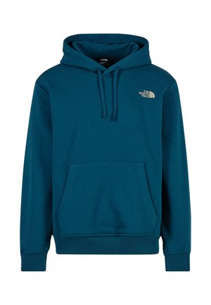 Teal hættebluse lavet af blødt materiale, med snøre i hætten, frontlomme og et lille logo på venstre bryst. Ribkantede manchetter og kant.