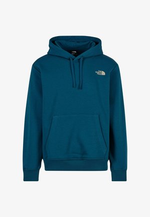 Sudadera color verde azulado hecha de material suave, con capucha ajustable, bolsillo delantero y un pequeño logo en el lado izquierdo del pecho. Puños y dobladillo acanalados.