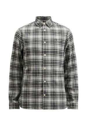 Geruite longsleeve shirt in grijs, zwart en wit. Heeft knoopsluiting, een klassieke kraag en een zachte textuur.