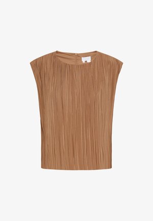 Brun plisseret top med rund halsudskæring, korte ærmer og lynlås i ryggen. Teksturen har lodrette folder over stoffet.