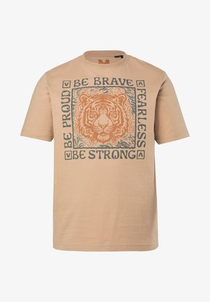 Beżowy t-shirt z grafiką tygrysa na środku i motywującym tekstem: "Bądź odważny, nieustraszony, dumny, silny."