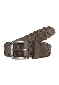 Flettet læderbælte i grå med en mat finish, der har en sølvmetal spænde og læderstrop attachment. Tekstureret væve detaljer.