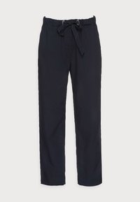 Marineblauwe broek met een trekkoord in de taille, rechte snit, lichtgewicht stof en zijzakken. Geen opvallende patronen of hardware.