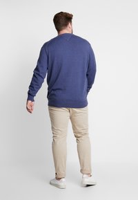 Maglione blu navy con collo rotondo e maniche lunghe, con polsini e orlo a coste, abbinato a pantaloni beige e sneakers bianche, visto da dietro.