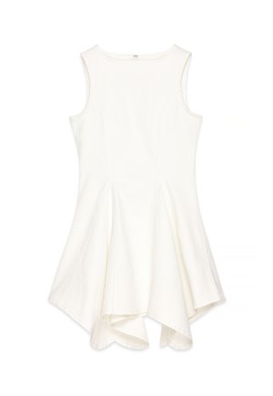 White sleeveless dress featuring a fitted bodice, flared hem with high-low cut, and subtle pleats for added volume.