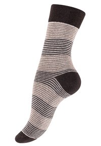Calzino di cotone a righe marroni e beige con un polsino a coste marrone scuro e un tallone solido marrone scuro, caratterizzato da una superficie liscia.