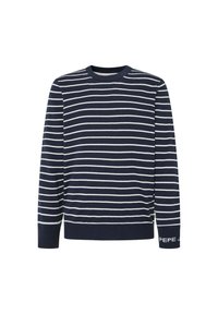 Pulover s mornarskim prugama od pamuka, s bijelim horizontalnim prugama, okruglim izrezom, dugim rukavima i logotipom na manžetama.