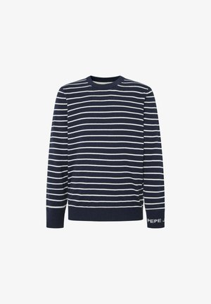 Maglione a righe navy realizzato in cotone, con righe orizzontali bianche, collo a giro, maniche lunghe e logo sul polsino.
