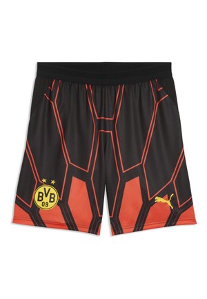 Schwarz-rote Sports-Shorts mit geometrischem Muster, Borussia Dortmund-Logo links und gelbem Puma-Logo vorne rechts.